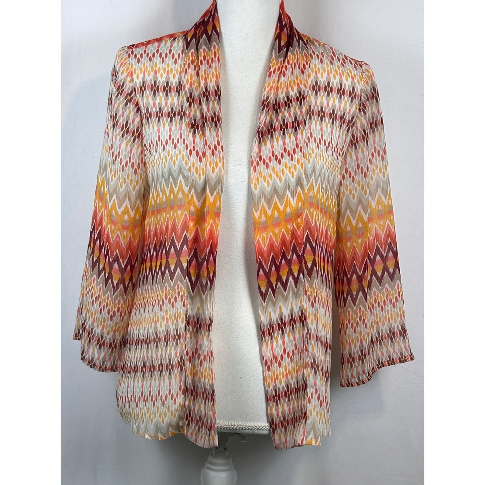 Chicos Open Front Cardigan Women Small Orange Excellent Geometric Sheer